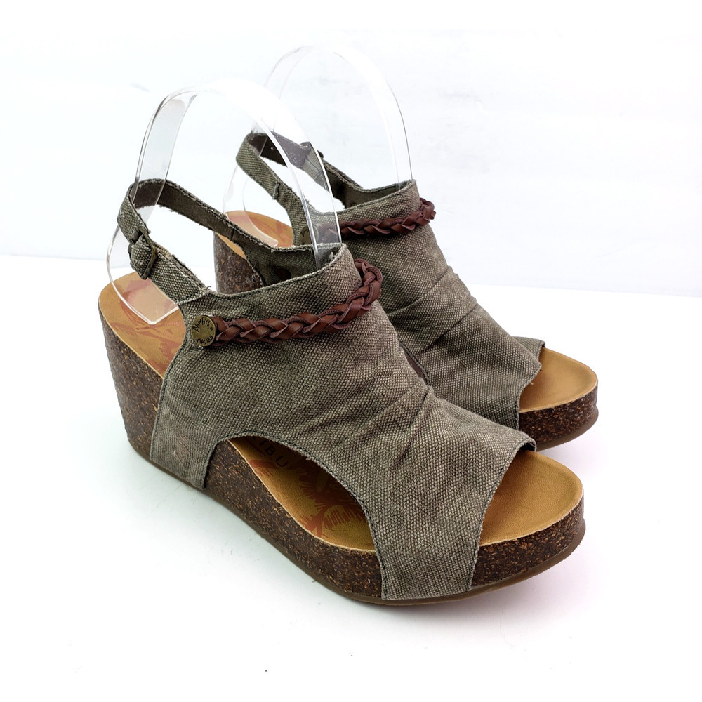 Blowfish Malibu Womens Size 7.5 Tan Green Canvas Cork 3.25" Heel Wedge Sandals